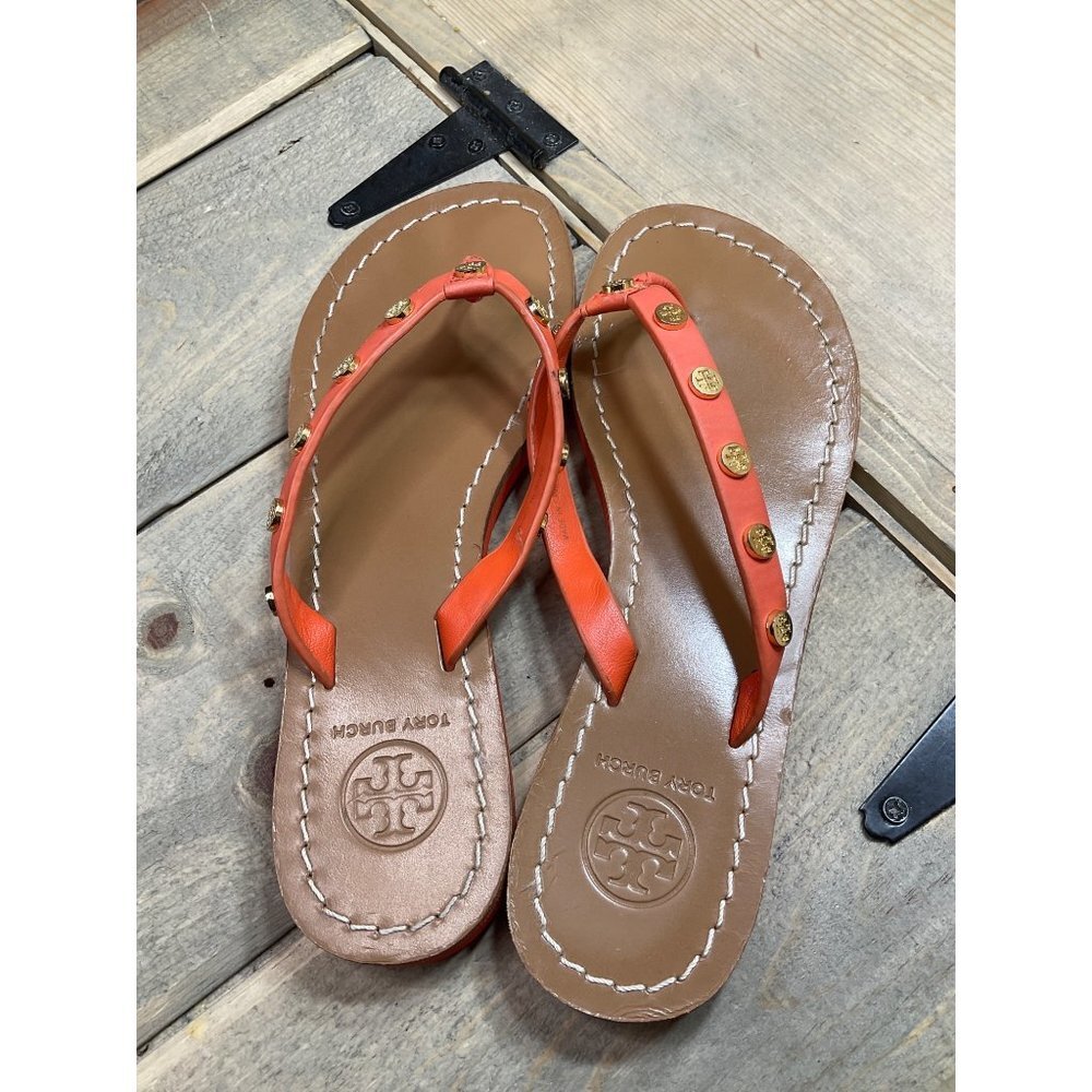 TORY Burch Sandals Womens US6 6.5 Orange Suede Thong Flip Flops Slip On Casual F - Picture 5 of 7